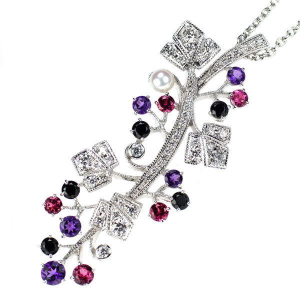 MIKIMOTO K18WG Amethyst Garnet Diopsite Akoya Diamond Pendant Necklace and Brooch 45.0cm 《Selby Ginza Store》 [S, Like New, Polished] [Used] 