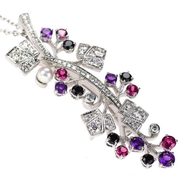 MIKIMOTO K18WG Amethyst Garnet Diopsite Akoya Diamond Pendant Necklace and Brooch 45.0cm 《Selby Ginza Store》 [S, Like New, Polished] [Used] 