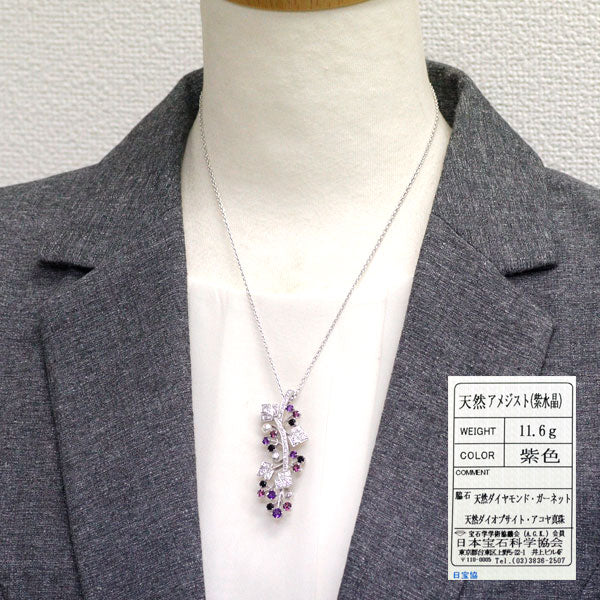 MIKIMOTO K18WG Amethyst Garnet Diopsite Akoya Diamond Pendant Necklace and Brooch 45.0cm 《Selby Ginza Store》 [S, Like New, Polished] [Used] 