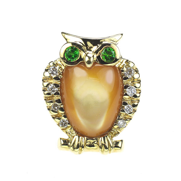 K18YG Mother of Pearl Garnet Diamond Brooch D0.04ct Owl 