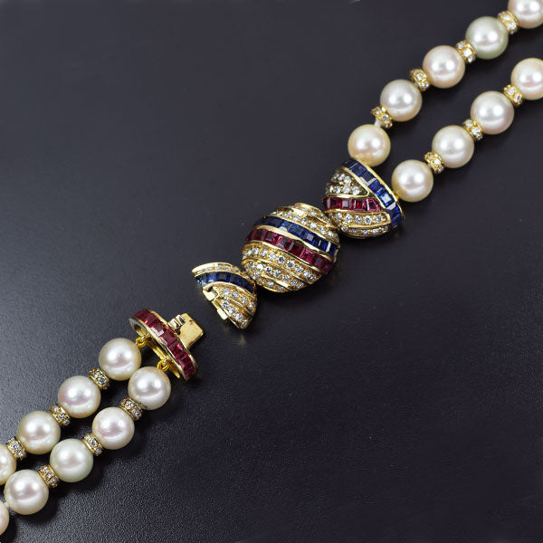 K18YG Akoya pearl, sapphire, ruby, diamond necklace, diameter approx. 7.0-7.4mm, S/R4.45ct, double strand, 2WAY 