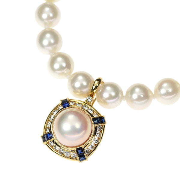 SV/K18YG Mabe/Akoya pearl, sapphire, diamond pendant necklace, diameter approx. 12.4mm, diameter approx. 8.4-8.7mm, S0.63ct, D0.73ct 