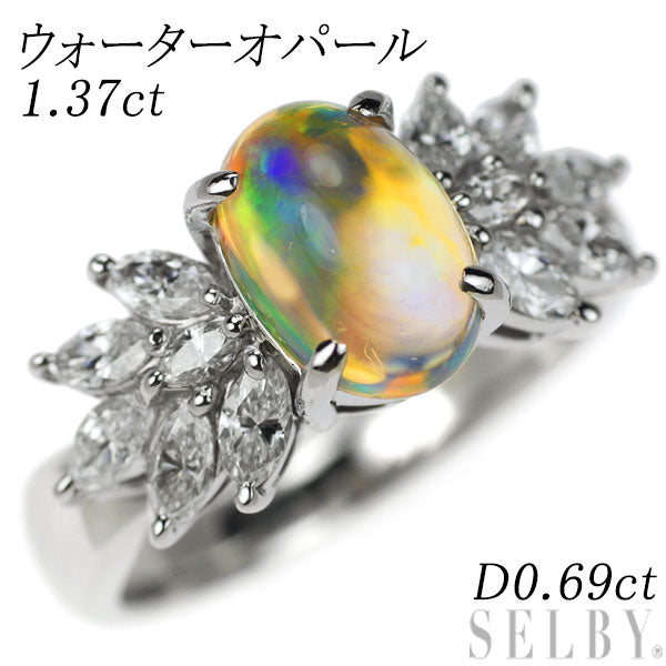 Pt900 Water Opal Diamond Ring 1.37ct D0.69ct 