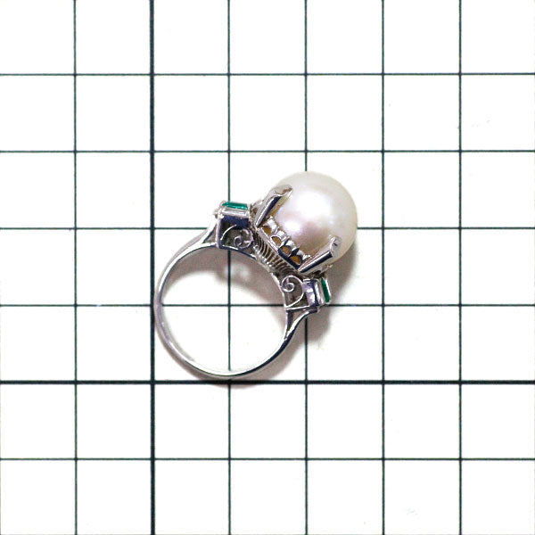 Pt750 White South Sea Pearl Emerald Diamond Ring, Vintage Product, Crown Senbon Openwork, 12.0mm 