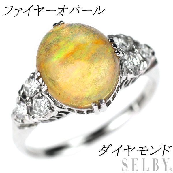 Pt850 Fire Opal Diamond Ring, Vintage Product with Senbon Openwork 