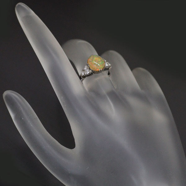 Pt850 Fire Opal Diamond Ring, Vintage Product with Senbon Openwork 