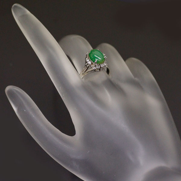 Pt900 Jade Diamond Ring 3.25ct D0.25ct Carved Vintage Product 