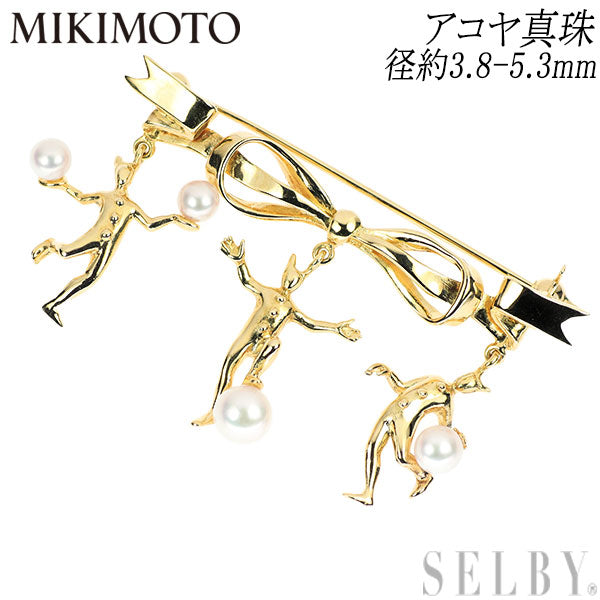 MIKIMOTO K18YG Akoya Pearl Brooch, Diameter approx. 3.8-5.3mm, Ribbon, Pierrot 