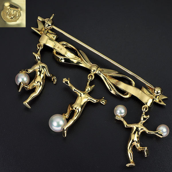 MIKIMOTO K18YG Akoya Pearl Brooch, Diameter approx. 3.8-5.3mm, Ribbon, Pierrot 