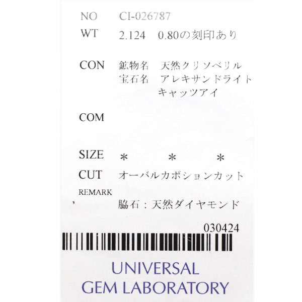 Pt900 アレキサンドライトキャッツアイ ダイヤモンド リング 2.124ct D0.80ct 希少