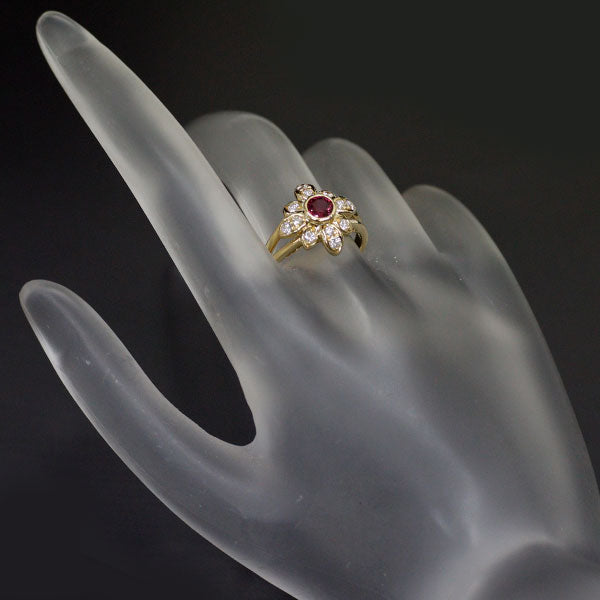 Queen K18YG Ruby Diamond Ring Flower 