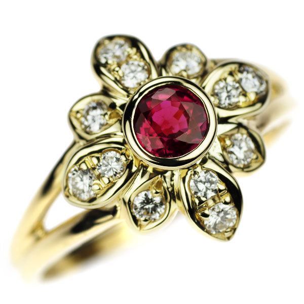 Queen K18YG Ruby Diamond Ring Flower 