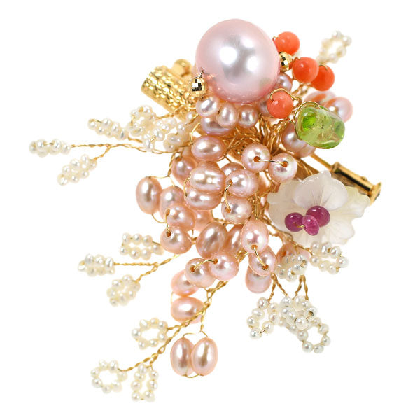 Chikorika K18YG Freshwater Pearl Shell Coral Peridot Ruby Brooch Momoka 