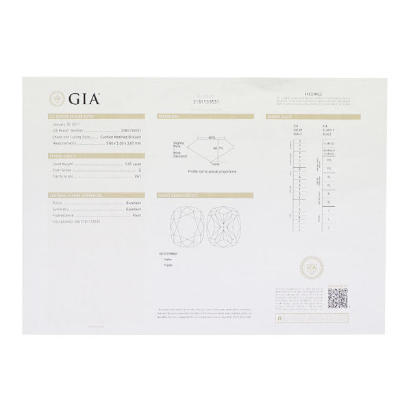 Monnickendam Pt900 Cushion Cut Diamond Diamond Ring 1.01ct E VS1 EX/EX 0.44ct #10.5 《Selby Ginza Store》 [S+ Like New, Polished at Authorized Store] [Used] 