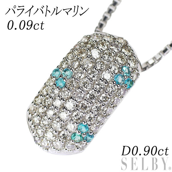 K18WG Paraiba Tourmaline Diamond Pendant Necklace 0.09ct D0.90ct Pavé