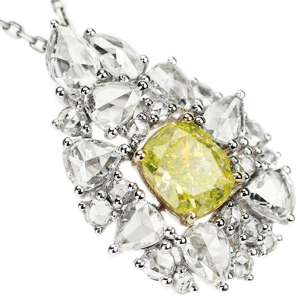 Pt Natural Chartreuse Green Diamond Rose Cut Necklace 0.770ct FIYG I1 D1.00ct Strong Green Fluorescence 