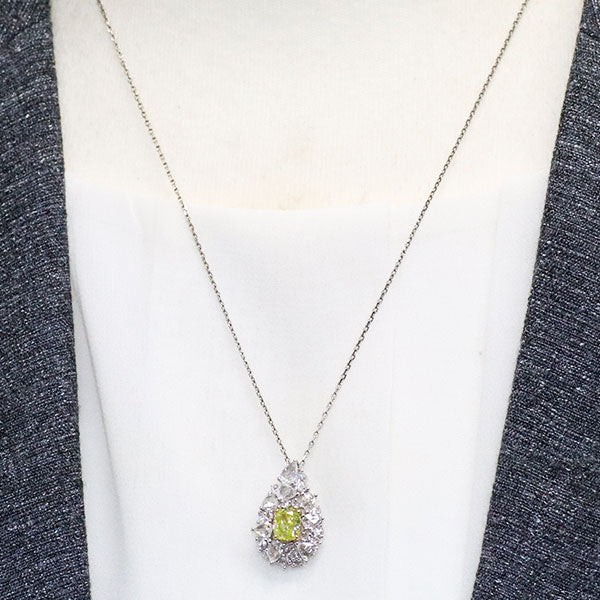 Pt Natural Chartreuse Green Diamond Rose Cut Necklace 0.770ct FIYG I1 D1.00ct Strong Green Fluorescence 