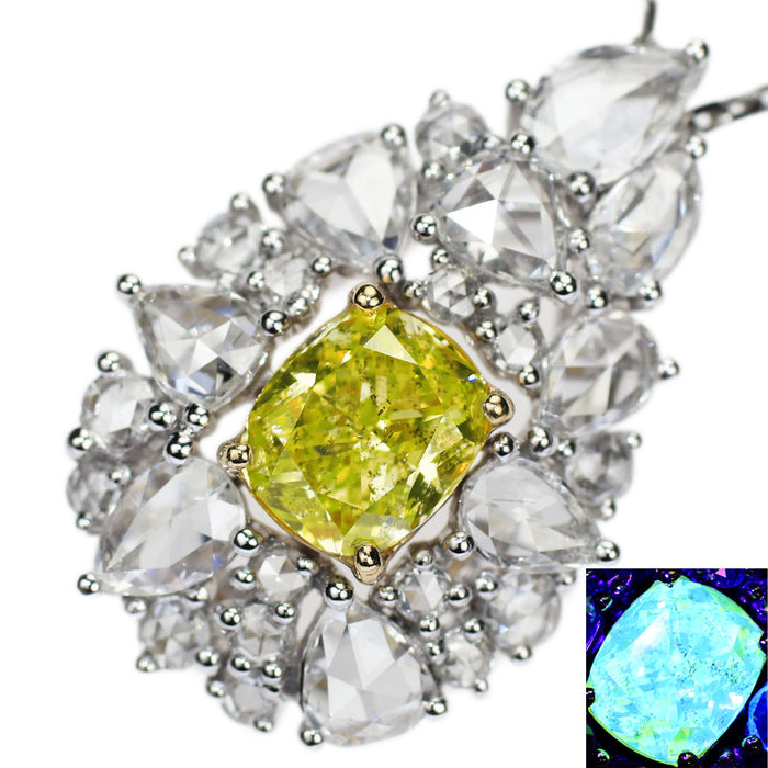 Pt Natural Chartreuse Green Diamond Rose Cut Necklace 0.770ct FIYG I1 D1.00ct Strong Green Fluorescence 