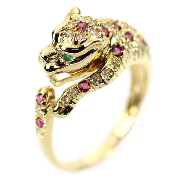 K18YG Ruby Emerald Diamond Ring 0.46ct D0.20ct Panther 