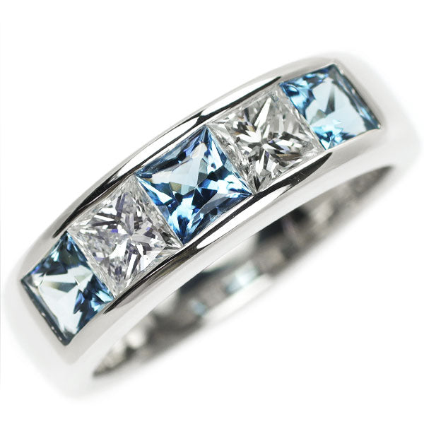 Pt900 Aquamarine Princess Cut Diamond Ring 0.905ct D0.846ct 