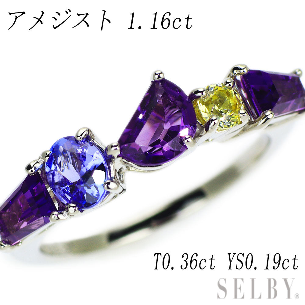 Pt900 Amethyst Tanzanite Yellow Sapphire Ring 1.16ct TZ0.36ct YS0.19ct 