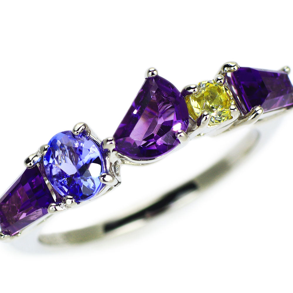 Pt900 Amethyst Tanzanite Yellow Sapphire Ring 1.16ct TZ0.36ct YS0.19ct 