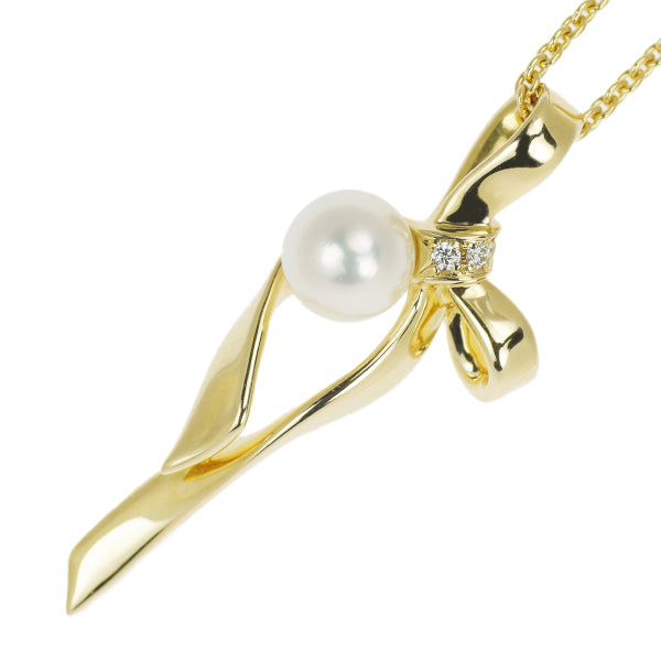 MIKIMOTO K18YG Akoya pearl diamond pendant necklace, diameter approx. 6.0mm, ribbon 