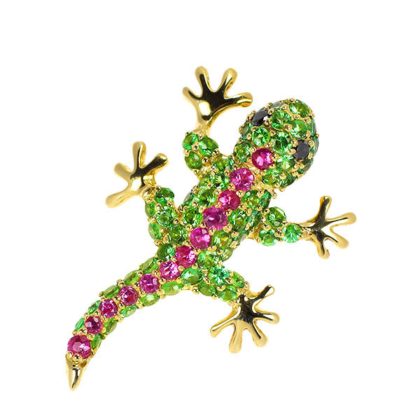 K18YG Grossularite Garnet Ruby Black Diamond Pendant Top Gecko 