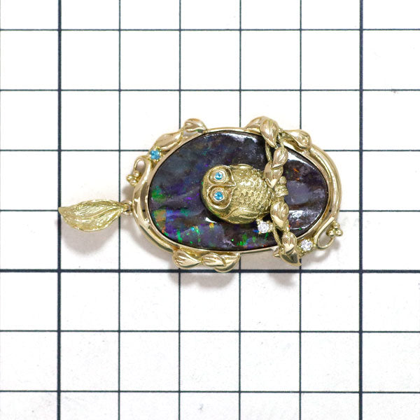 Rare K18YG Boulder Opal Paraiba Tourmaline Diamond Pendant Top 22.66ct T0.05ct D0.05ct Owl 