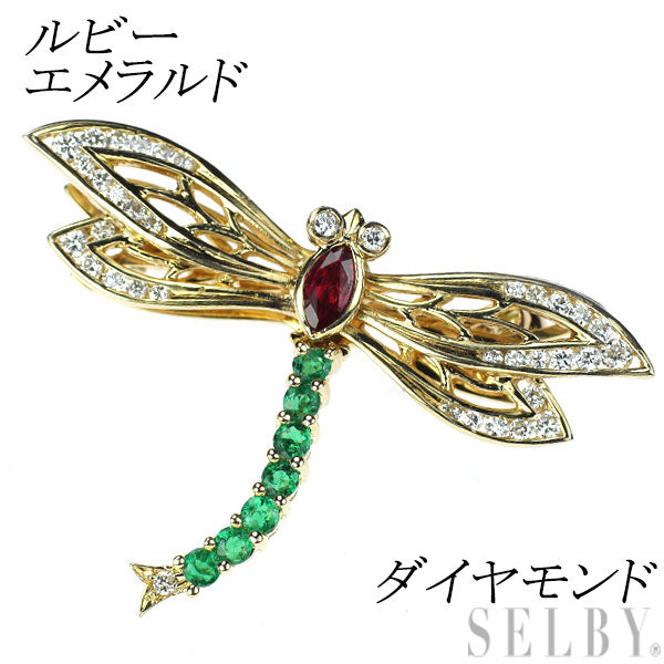 K18YG Ruby Emerald Diamond Brooch Dragonfly 