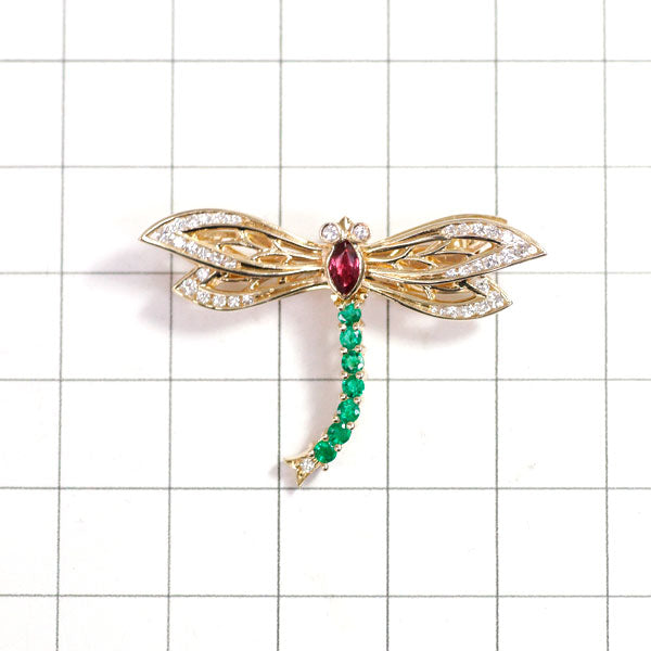 K18YG Ruby Emerald Diamond Brooch Dragonfly 