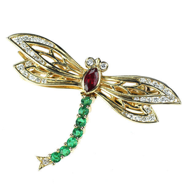 K18YG Ruby Emerald Diamond Brooch Dragonfly 