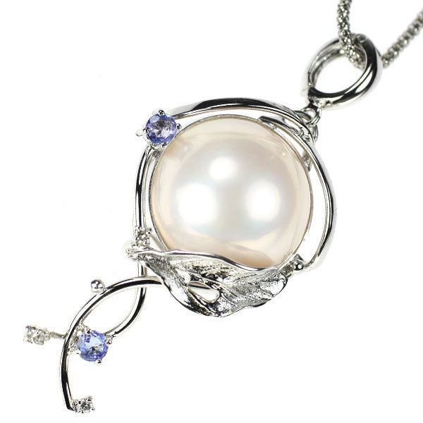 K18WG Mabe Pearl Tanzanite Diamond Pendant Necklace Diameter approx. 16.5mm D0.03ct 