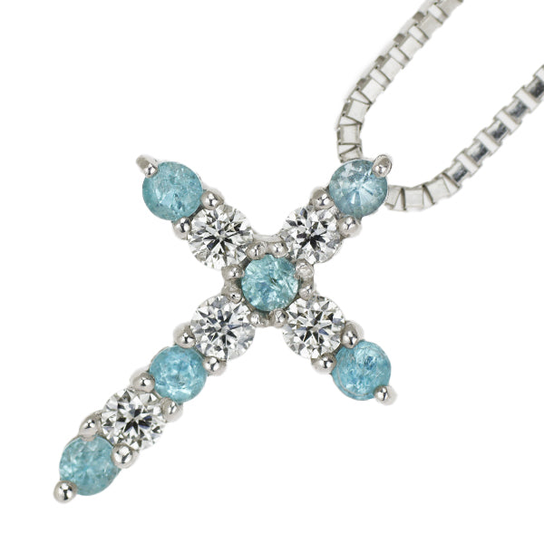 Rare K18WG Paraiba Tourmaline Diamond Pendant Necklace 0.14ct D0.10ct Cross 