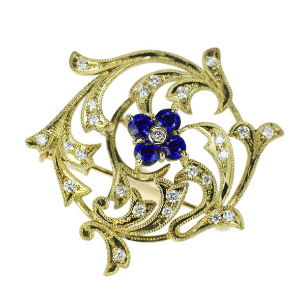 K18YG Sapphire Diamond Brooch and Pendant 0.71ct D0.36ct Flower 