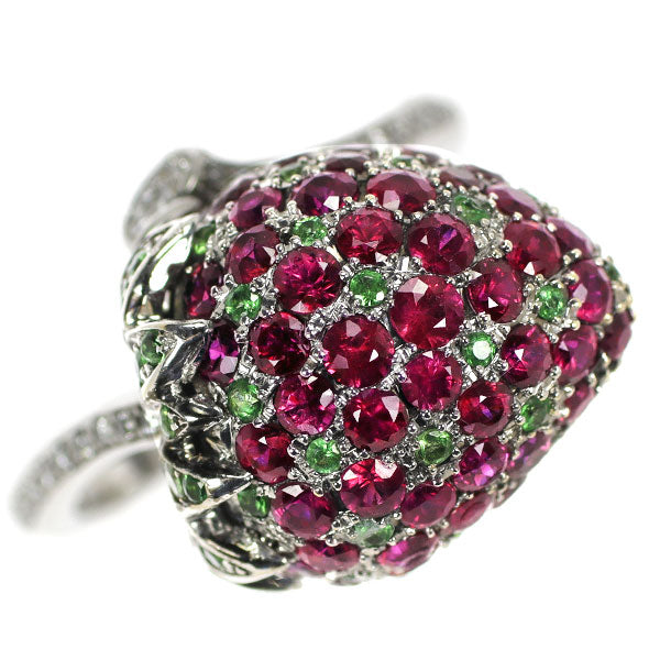 K18WG Ruby Green Garnet Diamond Ring D0.15ct Strawberry 