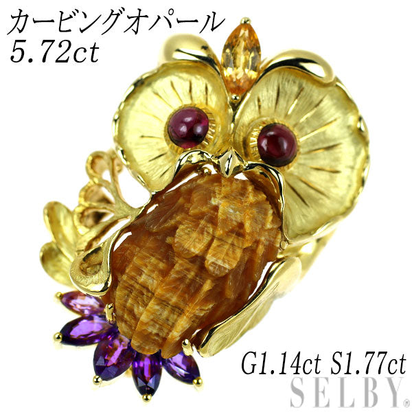 K18YG Carving Opal Garnet Sapphire Brooch and Pendant 5.72ct G1.14ct S1.77ct Animal Owl 