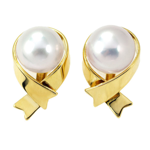 MIKIMOTO K18YG Akoya pearl earrings, diameter approx. 7.0mm, ribbon 