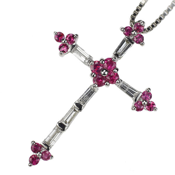 Pt900/ Pt850 Ruby Diamond Pendant Necklace 0.25ct D0.20ct Cross 