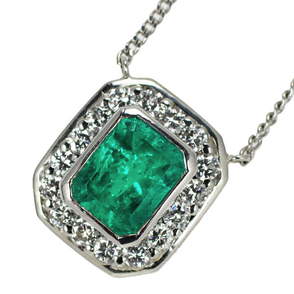 Pt900/ Pt850 Emerald Diamond Pendant Necklace 1.96ct D0.53ct 