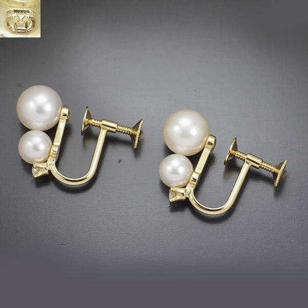 MIKIMOTO K18YG Akoya pearl diamond earrings, diameter approx. 5.5-7.5mm 