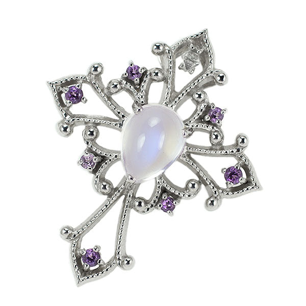 QVC K18WG Royal Blue Moonstone Amethyst Rough Cut Diamond Pendant Top A0.10ct D0.06ct Cross 