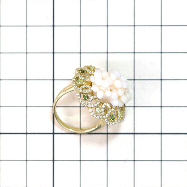 K18YG White Coral Tourmaline Peridot Diamond Ring D0.75ct Flower 