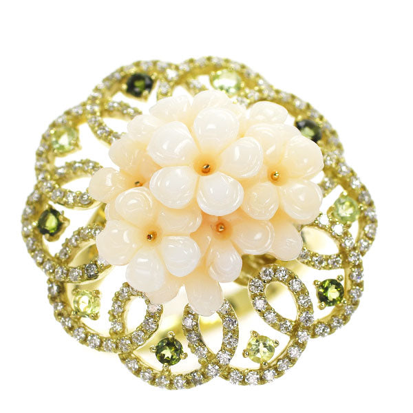 K18YG White Coral Tourmaline Peridot Diamond Ring D0.75ct Flower 