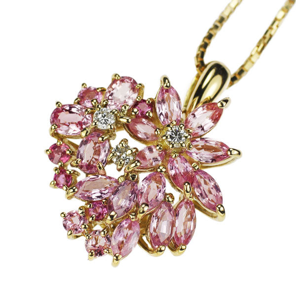 K18YG Pink Sapphire Diamond Pendant Necklace 3.25ct D0.12ct Flower 