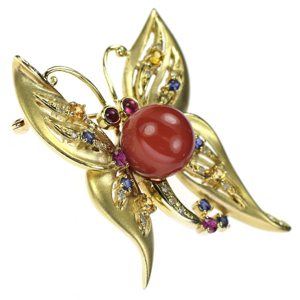 K18YG Coral Color Sapphire Ruby Diamond Brooch Diameter approx. 11.0mm CS0.55ct R0.41ct D0.18ct Butterfly 