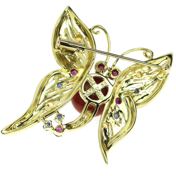 K18YG Coral Color Sapphire Ruby Diamond Brooch Diameter approx. 11.0mm CS0.55ct R0.41ct D0.18ct Butterfly 