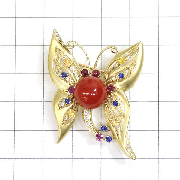 K18YG Coral Color Sapphire Ruby Diamond Brooch Diameter approx. 11.0mm CS0.55ct R0.41ct D0.18ct Butterfly 