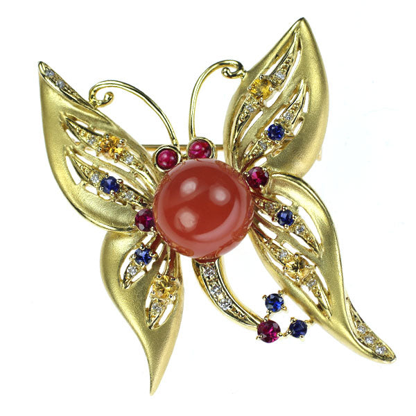 K18YG Coral Color Sapphire Ruby Diamond Brooch Diameter approx. 11.0mm CS0.55ct R0.41ct D0.18ct Butterfly 