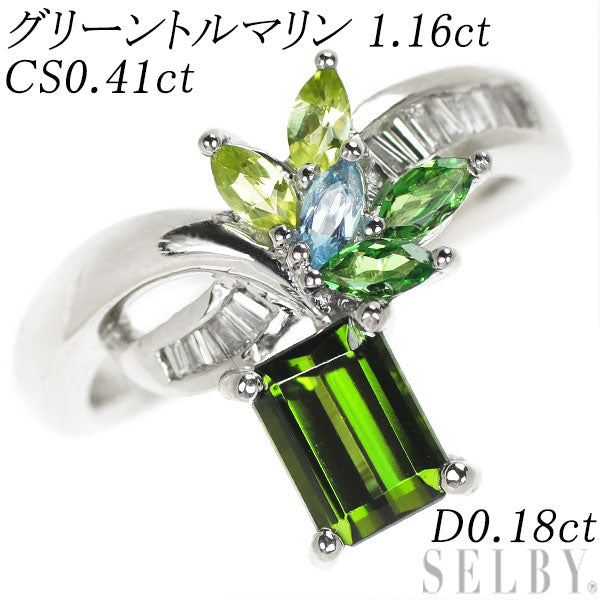 Pt900 Green Tourmaline Color Stone Diamond Ring 1.16ct CS0.41ct D0.18ct 